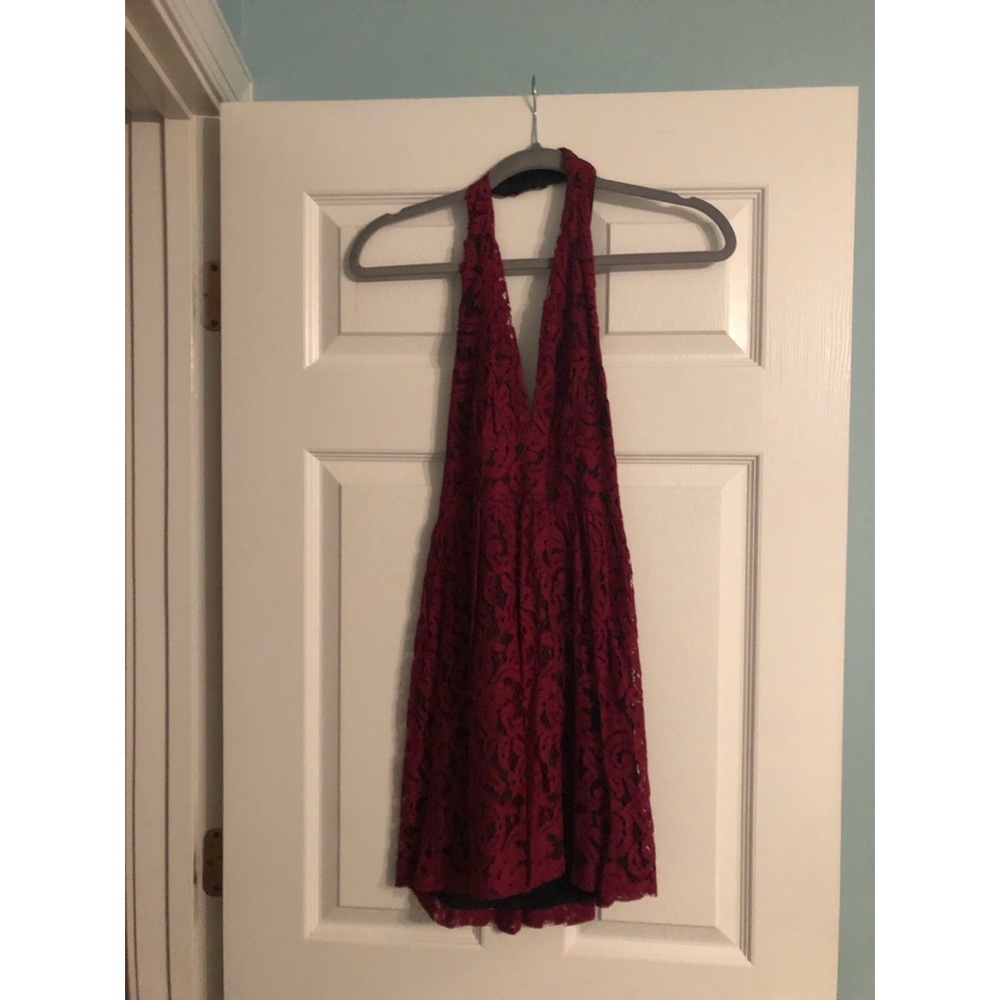 Red and black backless lace halter dress